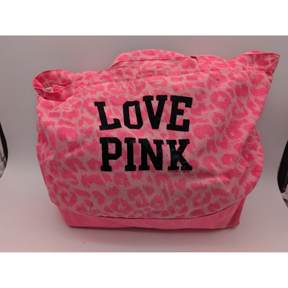 Victoria's Secret PINK Canvas Tote Bag Pink Leopard Print Graphic Zip Top - Picture 2 of 10